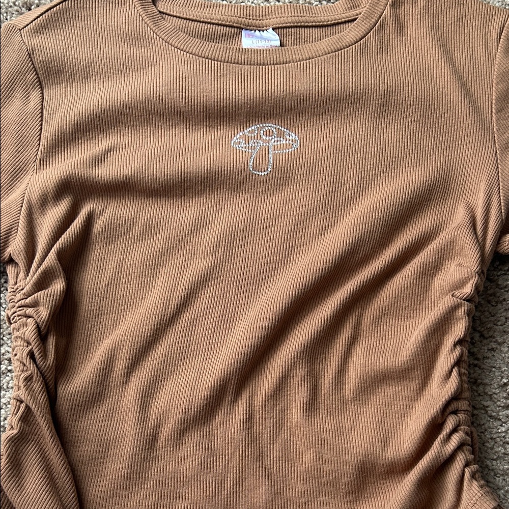 No Boundaries Tan Ribbed Tee with Mushroom Embroidery